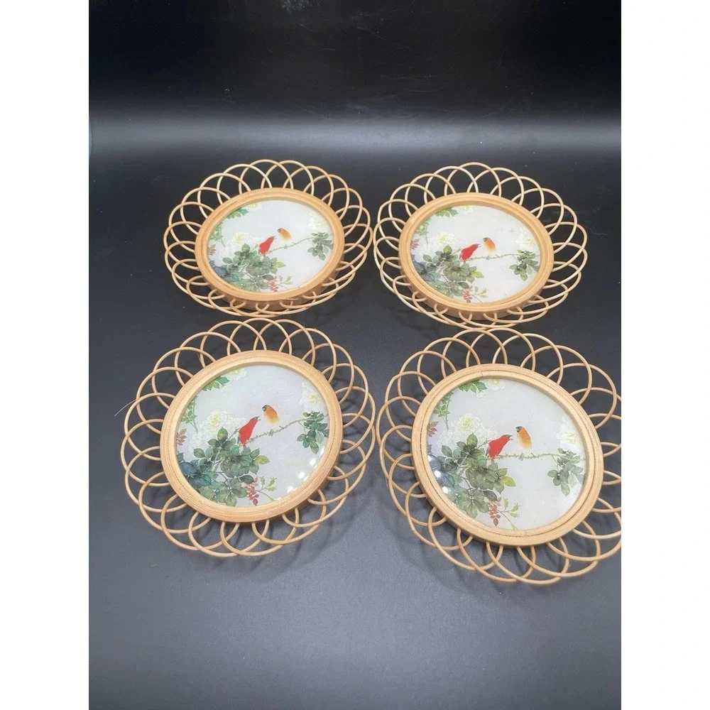 Vintage 80s BOHO Bamboo Wicker Rattan Coasters Set Of  Four  Birds